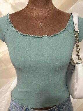 FOREVER 21 Sage Green Ribbed Lettuce Trim Off Shoulder Top S